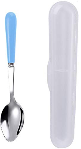 Goeielewe Cucharas de pomelo con bordes dentados redondos para cítricos, kiwi y postre, mango de cerámica cucharas de postre de acero inoxidable con caja de almacenamiento (azul)