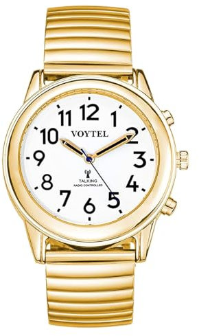 MAUJOY Ladies' Atomic English Talking Watch（Gold Spring Watch Band） Voice-Activated Quartz Watch, Announces Time, Date & Alarm, Ideal for Blind & Visually Impaired Elderly