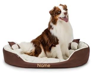 lionto Lit pour Chien 4-en-1 avec Coussin réversible, 110x80 cm, Coussin pour Animaux de Compagnie de Toutes Tailles résistant aux griffures avec entrée Basse, Marron/Beige (avec nom imprimé)