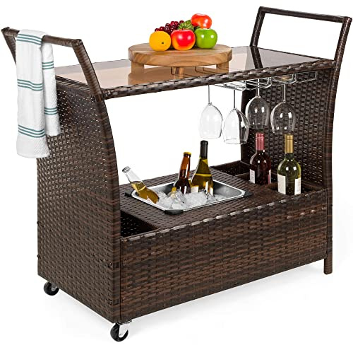 AZRBOPO Outdoor Patio Furniture Rattan Trolley Cart Patio Wine Serving Cart Outdoor Beverage Refrigerated Bar Cart With Wheels & Removable Ice Bucket For Home, Living Room, Club(Mix Brown)