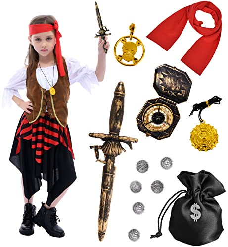 Tacobear Piratenkostüm Kinder Piratenkostüm Mädchen mit Piraten Zubehör Piraten Kleid Stirnband Kompass Geldbeutel Ohrring Pirat Karneval Fasching Kostüm für Kinder Mädchen