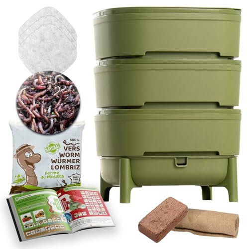 WORMcube Grün Design & Compact I 3-Etagen-Wurmkomposter I 250 gr Kompostwürmer / 500 STK. I Komplett-Set I Stoppfilter zum Ertrinken von Würmern