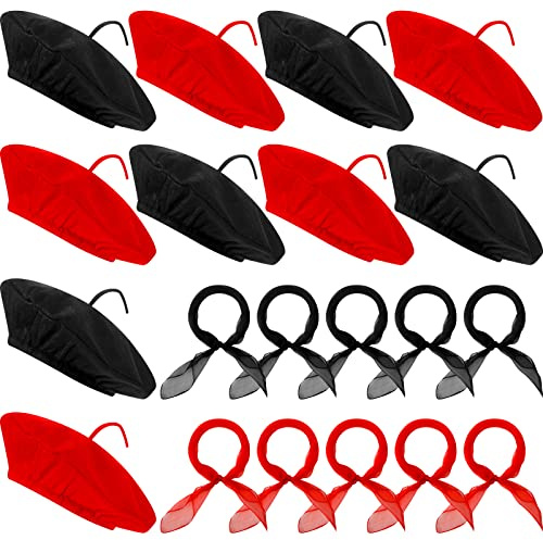 Laumoi Lot de 20 bérets de fête d'Halloween pour enfants, béret français en vrac, bonnet d'artiste avec écharpe colorée pour décoration de cosplay (couleurs vives)