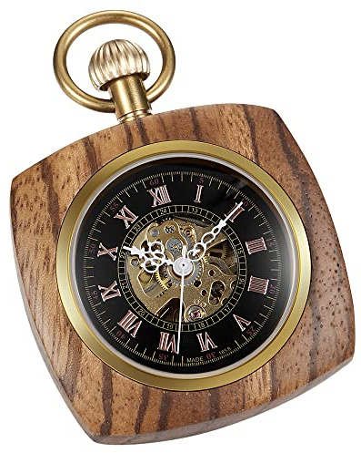 Tiong Antike hölzerne mechanische Taschenuhr mit Kette Steampunk Vintage Holz Taschenuhr Anhänger Väter Tag Geburtstag Geschenk
