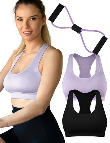MOMO WAY Set Sport BH Och Chest Expander för Kvinnor Bekväma Bustiers Topp Stöd för Yoga Gym Exercise Fitness Sport BH + Expander 3 Stycken L