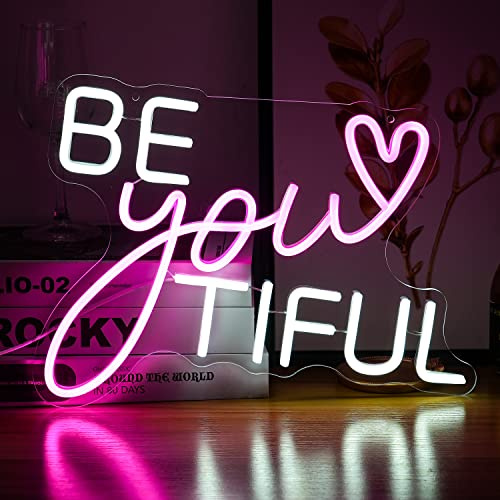 Be Your Tiful Neonschild, dimmbar, Buchstaben, Neonschilder, Weiß, Rosa, dekorative Lichter, betrieben, USB, mit Schalter für Schlafzimmer, Kinderzimmer, Geschäft, Wohnung, Party, Hochzeit (39x30 cm)