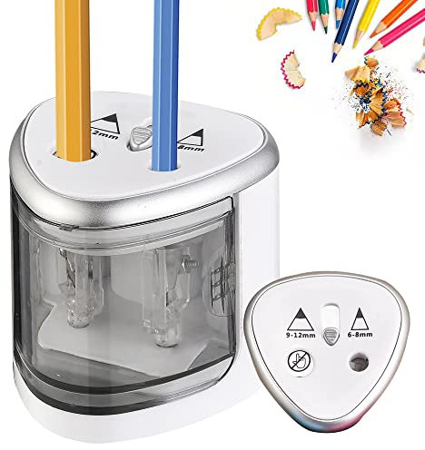 JIJICZ Elektrischer Anspitzer Kleine Doppelloch 6-12mm Batterie Spitzer Elektrisch Mit Behälter Automatischer Bleistiftspitzer Für Kinder Künstler, 6-12mm Silber