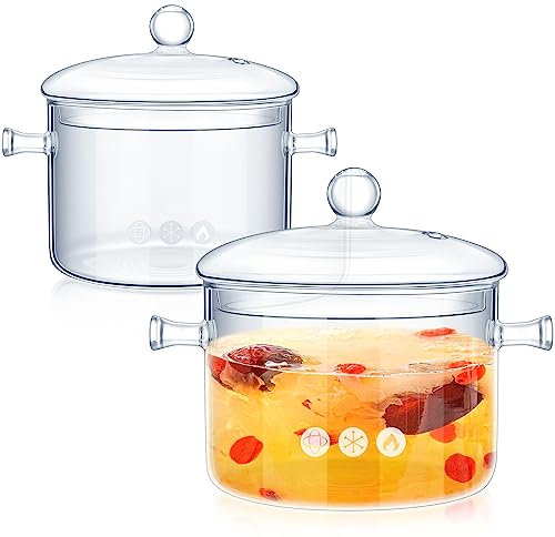 Zubebe 2-teiliges Glastopf-Set zum Kochen auf dem Herd, Glastopf mit Deckel, hitzebeständig, transparent, Töpfe und Pfannen, Set, Herdplatte, Kochgeschirr, Köcheltopf mit Deckel für Suppe, Milch (1,3