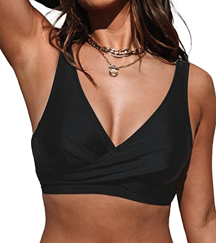 CUPSHE Damen Bikini Oberteil V Ausschnitt Wickeloptik Lace Up Bademode Breite Träger Bikini Top Schwarz S
