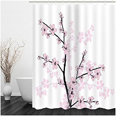 Whoiy Duschvorhang Polyester, Duschvorhang Eckbadewanne 165X180cm Shower Curtains Pflaumenblütenbaum Weiß Grau Rosa Waschbar Wasserdicht