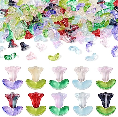 Boutigem 200Pcs Bell Orchid Flower Leaf Beads Lampwork Glass Handcraft Trumpet Flower Bead for DIY Necklace Bracelet Earring Jewelry Making