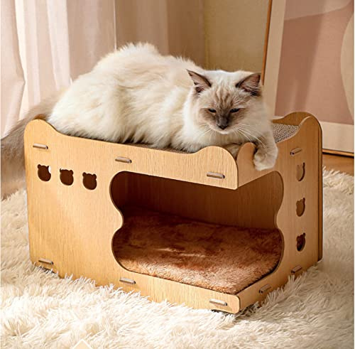 Rascadores de Gatos,1 Casa Gato,1 Rascador,1 Almohadilla de Felpa Pura,Rascador Gato Carton,Cat Scratcher.(45 * 28 * 30CM)