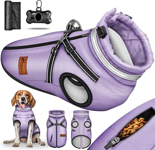 TRESKO® Hundejacke Winter mit Reflektoren mit 15 Stück Kotbeutel + Spender | Hunderegenmantel wasserdicht | Hundemantel mit Geschirr | Hunde Winterweste gefüttert für kleine, mittelgroße und große Hunde