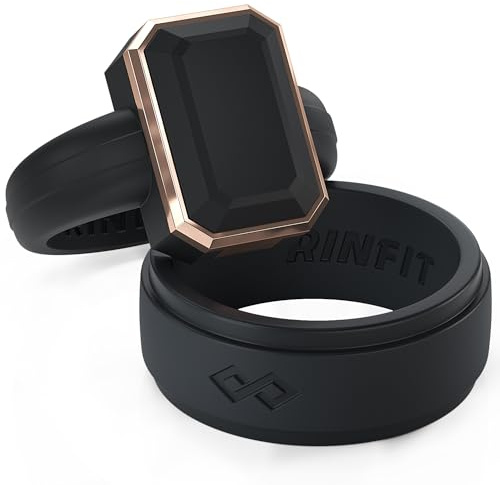 Rinfit Matching Silicone Rings for Couples - Wedding Bands for Him and Her - Emerald/Oversized Pear/Metal Pear & Infinity Patented Design, Women 6 & Men 8, Silicone & Stainless Steel, No Gemstone