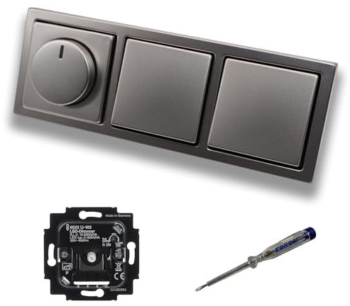 Busch Jäger 6523U-102 LED Drehdimmer Dimmer + Dimmerscheibe 6540-866-102 und 2 x Kreuzschalter 2000/7 US in PUR Edelstahl inklusive EBROM Phasenprüfer zur Montage der Geräte 6523 U – 102