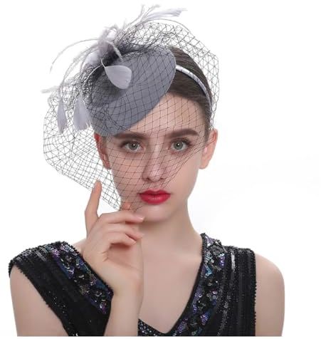 Zadaos Fascinator-Hut für Damen, Federhut, Netz, Fascinator-Hut, Cocktail-Party, Stirnband, Hochzeitshut, grau, Einheitsgröße