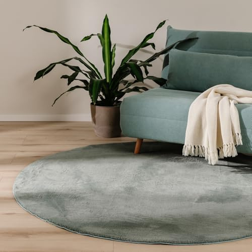 benuta Basic Kunstfaser Fellteppich Furry - Grün rund 160 cm - Weicher Wohnzimmerteppich - Anti-Rutsch-Rückseite - Waschbar - Für Fußbodenheizung geeignet