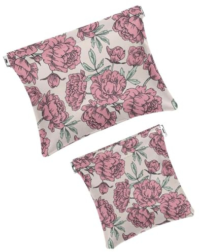 Watercolor Pink Peony Flowers Plants Pocket Cosmetic Bag, Waterproof Squeeze Makeup Bag No Zipper Self-Closing, Portable Mini Travel Storage for Headphones Jewelry