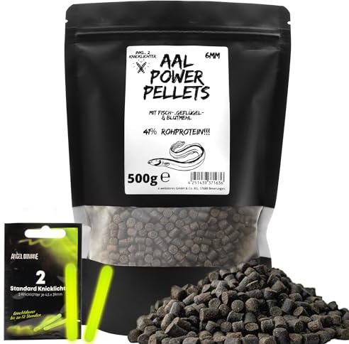 Roy Fishers Aal Power Pellets 6mm, 500g Beutel | 40% Protein, Blut- & Fischmehl, Inkl. 2 Knicklichter, Wiederverschließbar, Ideal für Fluss & See