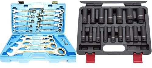 US PRO 17PC 8-32mm Metric Gear Ratchet Combination Spanner Wrench Set 3236 & 16PC 1/2'' Dr 6-Point European Deep Impact Socket Set B1340