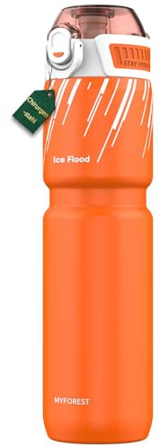 MYFOREST 700 ml Botella térmica para bicicleta, Acero quirúrgico: Sin sabor a plástico, Agarre más firme para MTB y Grava, Pico 2 en 1, Cubierta de suciedad, Antiarañazos (Naranja energético)