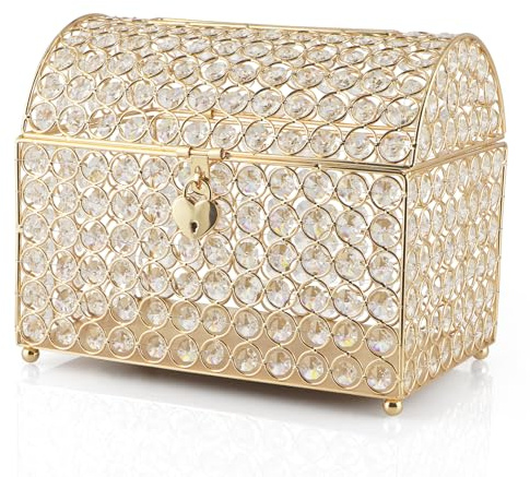 BIMUYI Large Wedding Card Box, Treasure Chest Wedding Money Holder with Heart Shaped Lock, Crystal Bead Card Receiving Box for Reception, Anniversary, Birthday Party