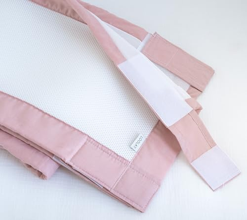 Bettumrandung Babybett 60x120 cm – 2 teiliges 110x30 cm Set – Atmungsaktiver 5 mm Netzstoff – Babybett Umrandung mit starkem Klettverschluss – Sicherer Gitterbett Umrandung (Rosa/Weiß Netz)
