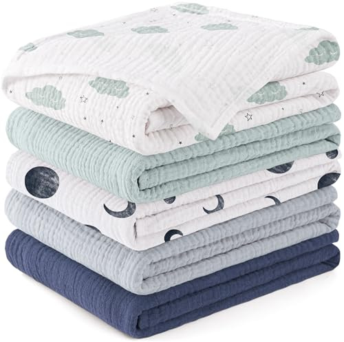 Susurration Mulltücher Baby Spucktücher,5er-Pack 100% Baumwolle Spucktücher Baby für Jungen und Mädchen, Weich, Atmungsaktiv und Extrem Saugfähig Musselin 60x60cm (Blauer Druck)