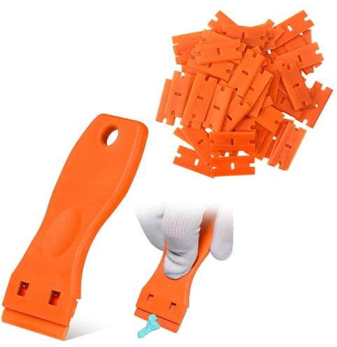 Rascador de hoja de afeitar de plástico, incluye 10 herramientas raspadoras y 100 cuchillas para removedor de juntas, etiquetas adhesivas y removedor de adhesivo para ventanas y vidrio (naranja)