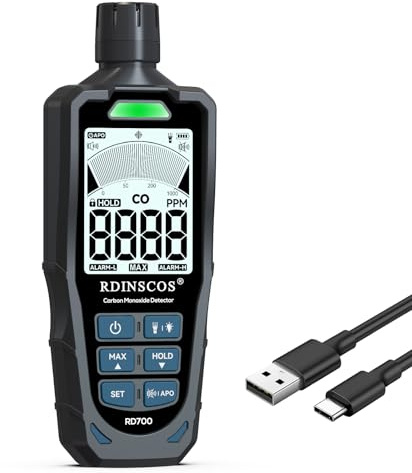 RDINSCOS Tragbarer Kohlenmonoxidmelder Wiederaufladbar CO-Melder | Akustische & Optische Alarme, 0-1000PPM Messbereich, Professioneller Sensor, Für Haus, Auto, Camping & Reisen