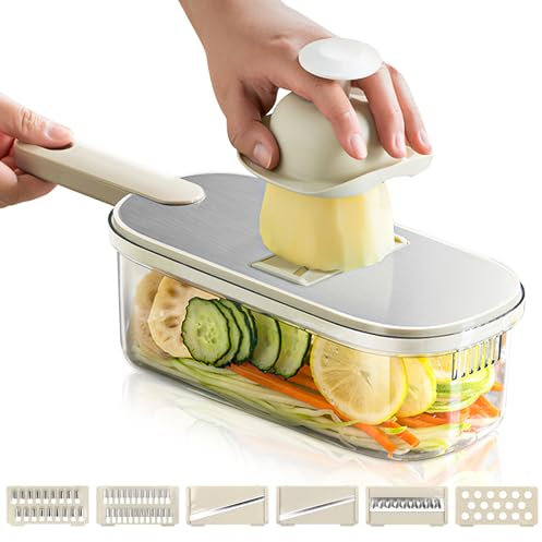 Multifuncional Cortador de Verdura, Mandolina de Cocina Profesional, Rallador Manual de Verduras, Vegetable Chopper con 6 Cuchillas, Ajustable Picador de Verduras en Acero Inoxidable