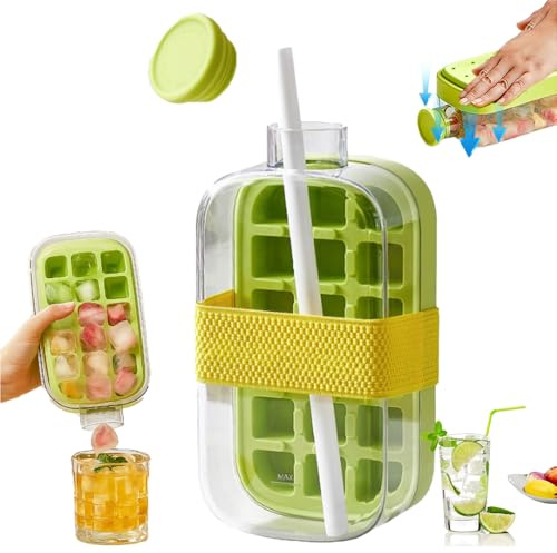 WRQIOO Ice Cube Bottle with Straw, 2 in 1 Ice Cube Tray Water Bottle, 800ml Portable Ice Cube Making Bottle with Lid, One-Touch Ice Release & No Touching, for Coffee Juice Beverage Outdoor Picnics