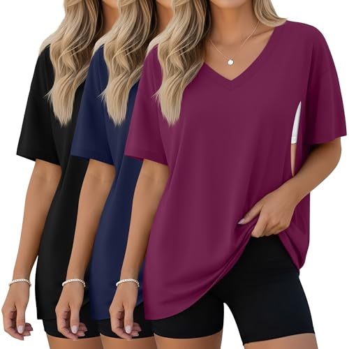 Sweetyweee 3 Pack Women's Oversize Nursing Shirts for Breastfeeding with Hidden Zippers Loose Fit Short Sleeve Maternity Tops(Fuchsia, Navy Blue, Black,Medium)