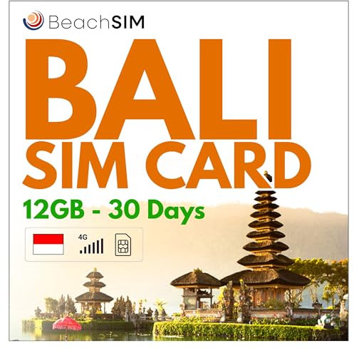 BeachSIM Carte SIM Bali. 12 GB de données à des Vitesses 4G/5G. Données prépayées Uniquement SIM. Activation Rapide. Recharge Facile. Travaille dans Toute l'Indonésie. Valable 30 Jours.
