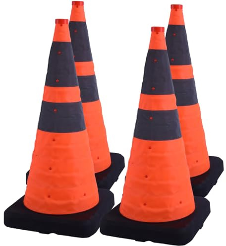 BESEA 28 Inch Collapsible Traffic Cones (4 Pack), Reflective Safety Parking Cones for Driveway, Road, Construction Use – Orange Foldable Design