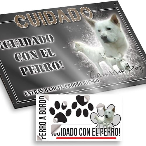 Perro de Canaán Cartel Cuidado con el Perro 20x12,5cm - Diseño Antracita en Dibond con Pegatina Coche 20x5cm - En Español