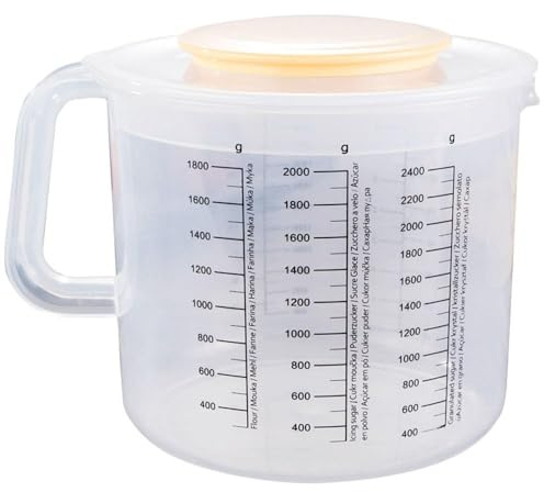 Verre doseur de 2,5 l avec protection anti-éclaboussures, couvercle et bec verseur, tasse à mesurer en plastique, cuillère à mesurer et à mélanger transparente