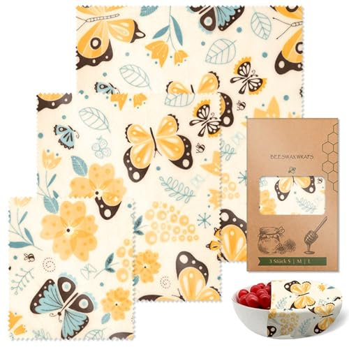 Conservación sostenible de alimentos con 3 envolturas de tela de cera de abeja naturales, lavables y reutilizables, suministros de cocina portátiles para queso y pan