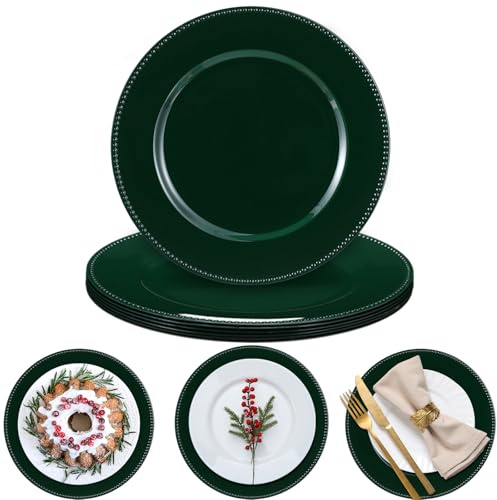 Bokon 6 Pack Christmas Charger Plates 13 Round with Beaded Plastic Charger Plates Elegant Reliable Reusable for Holiday Wedding Party Event Xmas Table Tabletop Dinner Decoration(Green,Classic)