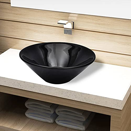 Lavabo Rond en Céramique, Design Élégant, Vasque à Poser Salle de Bain, Lavabo Salle de Bain, Lave Main, Meuble Vasque Salle de Bain, Noir, 420 x 140 mm