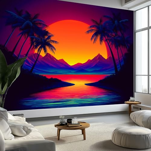 Fotomurales Papel pintado 200 x 140 cm Arte Mural de pared Palmeras Montañas Puesta Sol, Moderna Decoración Tejido no Tejido Decoración De Pared Sala Cuarto, Color Naranja Papel pintado mural