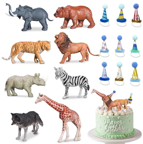 Jungle Animals Cake Toppers, 17PCS Animal Cake Toppers, Jungle Wild Figure Set, Wild Animals Cake Decorations Set with Mini Birthday Hat, Decorations