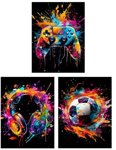 3 Stück Graffiti Jungenzimmer Wandbilder, Graffiti Gaming Zimmer Deko, Bunte Fußball Kopfhörer Gamepad Gaming Poster, Cool Neon Gaming Bilder für Schlafzimmer Spielzimmer Rahmenlos (Abstrakt)