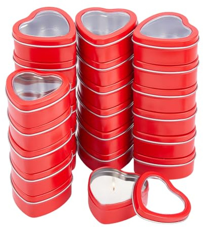 DICOSMETIC 32 barattoli di latta a forma di cuore da 2 oz con coperchi trasparenti a forma di cuore, piccole scatole in metallo con coperchio per la produzione di candele, caramelle, regali, tesori