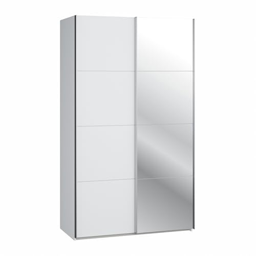 Forte SOPHISTISPACE Kleiderschrank 120, moderner Schwebetürenschrank, 2-türig, Einlegeböden, Kleiderstange, Spiegel, Holzwerkstoff, Weiß, 120,1 cm breit x 210,5 cm hoch x 62,9 cm tief