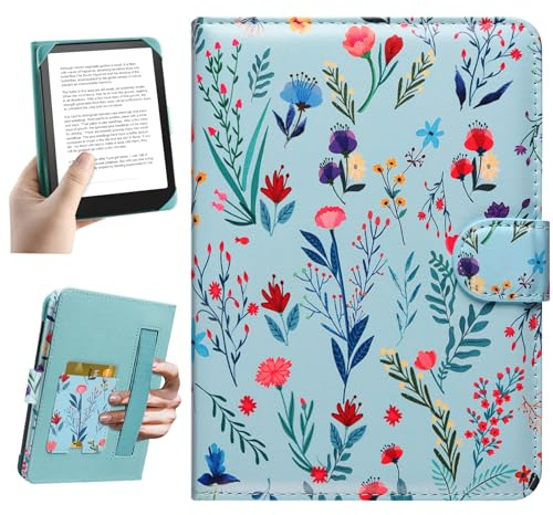 HoYiXi Universal Case for 6-inch Kindle eReader Compatible with Kobo/Voyaga/Pocketbook/Tolino E-book reader,6'' eReader Protective Cover with Built-in Card Slot,Black (flower 2, 6 inch)