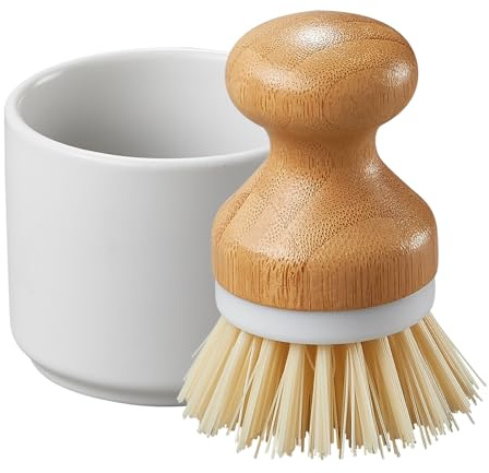 ONEMORE Bamboo Dish Brush with Ceramic Foaming Base, Kitchen Sink Scrub Brush Set with Spring and Mesh Insert, Wooden Handle Dishwashing Brush for Pots Pans Plates Bowls, White