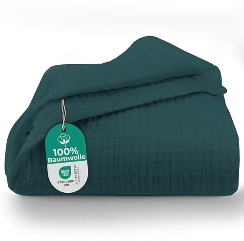 Dreamzie Musselin Tagesdecke 150x200 cm – Baumwolldecke Oeko-Tex Zertifiziert – Atmungsaktive Kuscheldecke – leichte Kuscheldecke Baumwolle als Sofa-, Bett- & Couchüberwurf – Petrolgrün