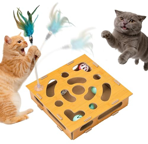 Holz Fummelbrett Für Katzen Leckerli, Interaktives Katzenspielzeug Katzen Intelligenzspielzeug Mit Federn Bällen Selbstbeschäftigung, Cat Scratcher Board Katzenspielzeug Kratzkreisel Für Langeweile