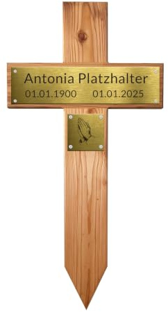 ReGrape Grabkreuz XXL aus hochwertigen und geöltem Lärchenholz, 80 x 40 cm, hochwertig geleimt, mit Lasergravur (gerade Endungen mit Schild)